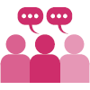 Three magenta icons representing people with two speech bubbles above them.